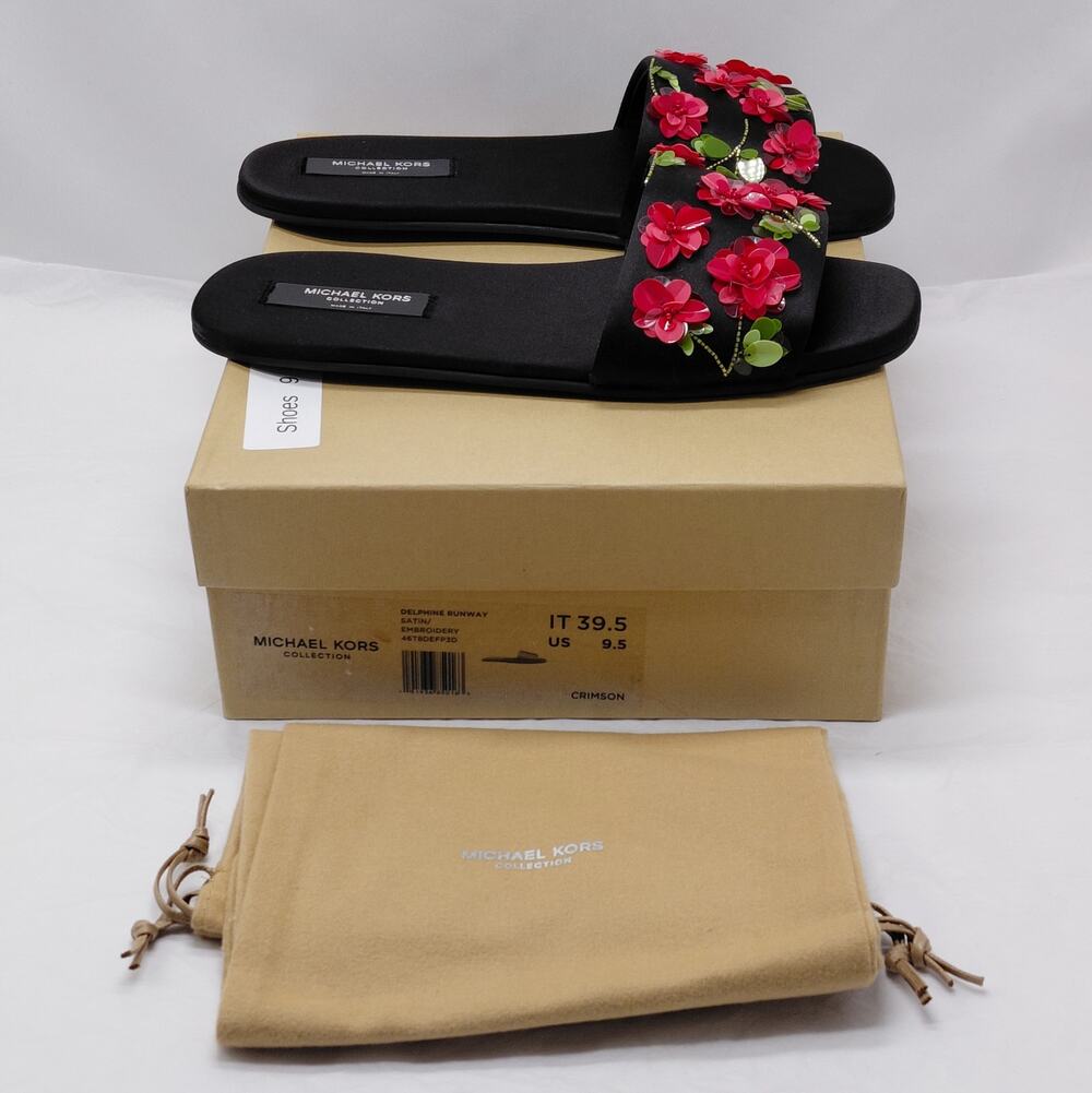 $495 Michael Kors Collection Womens Sandals 9.5 Black Floral Embellished Slid